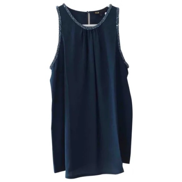 Maje Blue Silk Top Rhinestone Trim Sleeveless Top (12) - Picture 1 of 5